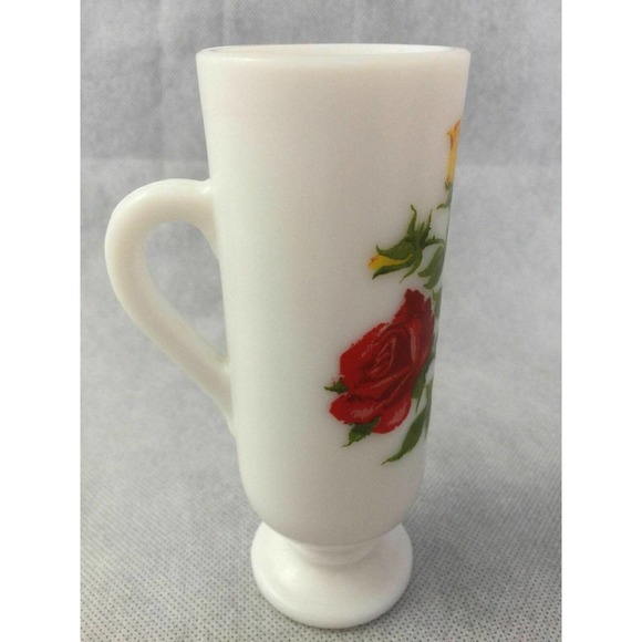 Avon Red Yellow Roses Flowers White Milk Glass Mug Handled Pedestal Bud Vase - Picture 7 of 13